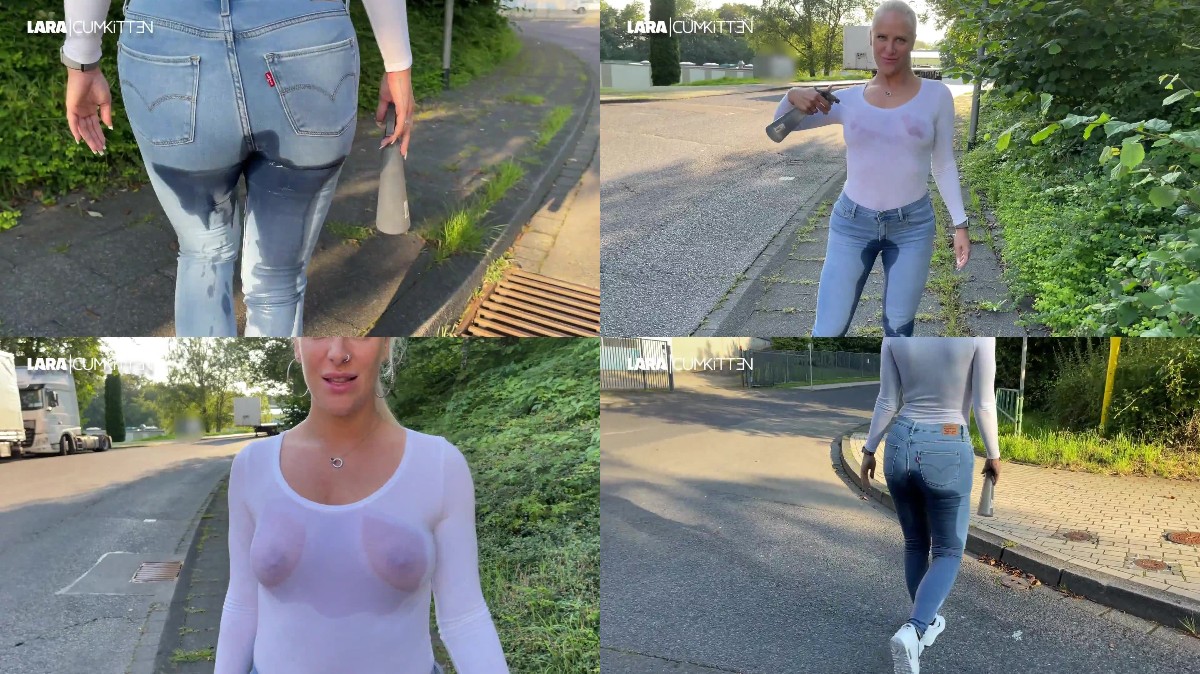 Lara-CumKitten – PUBLIC Jeans Piss | Without a bra with wet tits in public