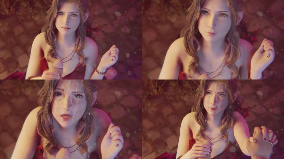 Aerith from Final Fantasy VII is giving a cute Handjob