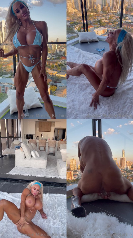 [AussieMuscleBarbie] Massive Fake Tits Playing On Balcony